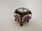 Antique French Jewelry Footed Box Beveled Glass Ring Casket Silk Lined Brass