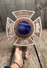 Vintage 50s Metal Green Village Fire Dep Cross Blue Lens Light Plate Topper Sig