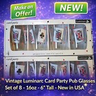 Luminarc Card Party Pub Glasses Set 8 Playing Cards 16oz Vintage Nib Usa