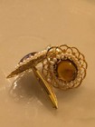 Vintage Gold Tone Cufflinks W  Amber Cabochon   Faux Pearl Halo     Ornate Filigre