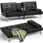 Adjustable Futon Sofa Bed W  Premium Pu Leather Cup Holders   Removable Pillows