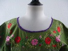 Mexican Tunic Huipil Green Embroidered Top Pullover Handmade Cotton Vintage