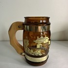 Vintage Siesta Ware Brown Amber Glass Mugs Okinawa Theme Wooden Handles Lot Of 2