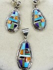 Zuni Sterling Silver Multi Stone Inlay Pendant Earrings Set Turquoise Lapis