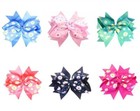 Pack Of 6   12 Girls Flower Printed Grosgrain Ribbon Double Layer Big Hair Bows 