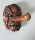 Antique Japanese Tengu Mask  Hand-carved Wood  Red Lacquer