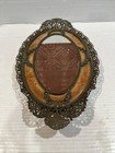 Antique Filigree Footed Brass Mirrored Vanity Perfume Tray Oval Floral Inlay