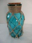 Nautical beachy Bottle W rope Fish Net Design   Aqua  8  Tall  W tea Light