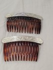 Pair Vtg Sterling Silver Hair Combs Hand Engraved Floral Tortoiseshell  read 