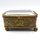 French Jewelry Box Casket Beveled Glass Lid Silk Lined Footed C19th Antique