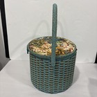 Vintage Blue Green Woven Wicker Sewing Basket W floral Lid And Lining