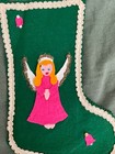 Vintage Handmade Felt Christmas Stocking With Angel Green 11 Inches