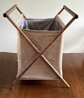Vtg Folding Basket Knitting Sewing Crochet Yarn Caddy Wood Frame Tan Corduroy