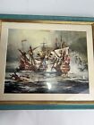 Antique Maritime Painting  1800s  Steam Sailing Ship  Ocean Naval War Battle Sea