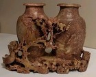 Antique Chinese Figural   Floral Carved Red Soapstone Double Vase 5x7  Nice   