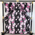 Yukata Peony Flower Pattern Kimono Black 25 2 Sleeve Summer Used Japan