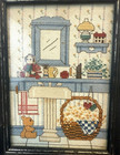 Vintage framed Cross Stitch Piece country Bathroom-sink-teddy Bear-doll-basket