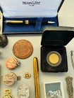 Antique Men   s Estate Junk Drawer Lot Advertising Pocket Watch Medals Coins Old 