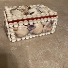 Vintage Handmade Seashell Trinket Box Jewelry Casket Red Velvet Lined 5    X 3 5   