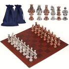 Vintage Figurines Metal Chess Set - Leather Chess Board With Metal Chess Pieces