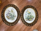 Vintage Mid Century Modern Pair Framed Botanical Prints Floral Oval Gold