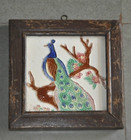 Vintage Wooden Framed Peacock Figurine Embossed Ceramic Tile  Japan