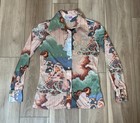 Vintage 70s Huk A Poo Button Front Art Nouveau Design Pointed Collar Size L
