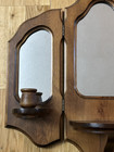 Vintage Mcm Tri Fold Wooden Wall Sconce Mirror 3 Panel Mirror With Shelf