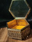 Vtg Filigree Floral Ormolo Beveled Glass Footed Jewelry Trinket Box 5    Hexagon