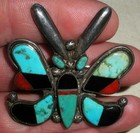 Vintage Large Zuni Butterfly Turquoise Coral Onyx Sterling Silver Pin Vafo