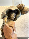 Chinese Antique - A Wood Carved Figure Of An Ancient Lady Holding Lotuses