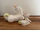 Vintage Iridescent Ceramic Unicorn Mother And Baby Figurines Pastel Rainbow Set