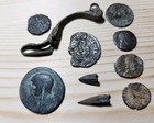 Lot Of Ancient Roman Silver Bronze Coins Fibula Arrowhead Artifacts Antoninianus