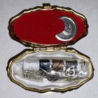 Vintage Small Travel Sewing Kit Pill Gold Colored Box With Contents Snap Lid