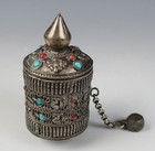 Vintage Silver Prayer Wheel With Scroll Buddhist Tibetan Inlaid Turquoise Coral