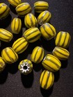 20 Chevrons Striped Glass Beads - Yellow Green Oval -10-8mm Vintage  b1164 