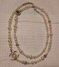 Chanel Crystal Cc Logo Faux White Pearl Sun   Crescent Moon Necklace 36 75