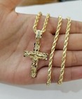 Real 10k Gold Rope Chain Necklace Jesus Cross Charm Pendant Set 16-28  Inch 3mm 