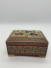 Vintage Persian Khatam Trinket Box Inlaid Raised Relief Lid With Marquetry Wood