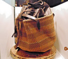 Vtg Woven Sisal Market Basket Tote Bag Leather Straps  drawstring Closure Raffia