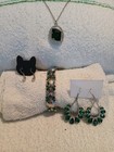 Silver Tone Green Oval Crystal Jewelry Set Necklace Bracelet   Earrings
