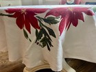 Vintage Vera Neumann Ladybug Red Poinsettia Tablecloth On Ivory Linen 70 Round