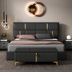 2 Pcs Bedroom Sets  Queen Size Upholstered Platform Bed   Storage Ottoman  Black