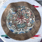 Antique Chinese Asian Leather Embroidered Silk Roundel Art Panel 15  Qing Floral