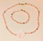 Pink Rose Necklace Mop Bracelet Set Coral Pearl Carved Shell Jasper Bead 18   