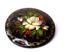 Vintage Round Black Wooden Russian Painted Brooch Floral Gold Multicolor 2 