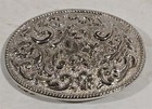 Vtg Silverplate Oval Flower Design Metal Belt Buckle Great Patina Made In Usa