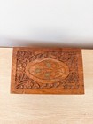 Vintage Indian Hand Carved Wood Trinket Box Ivy Brass Inlay Ornate Engraving