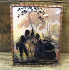 Vtg Pair Reverse Painted Silhouette Pictures W convex Glass Getting Water 4x5