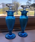Antique Art Deco Blue Glass Perfume Vanity Bottles W  Stopper - Set Of 2 - Great